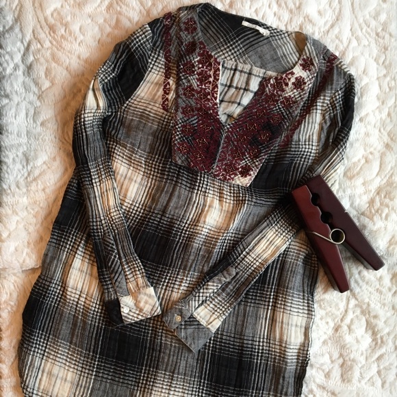 Anthropologie Tops - Anthro Floreat Plaid Embroidered Tunic Shirt Dress